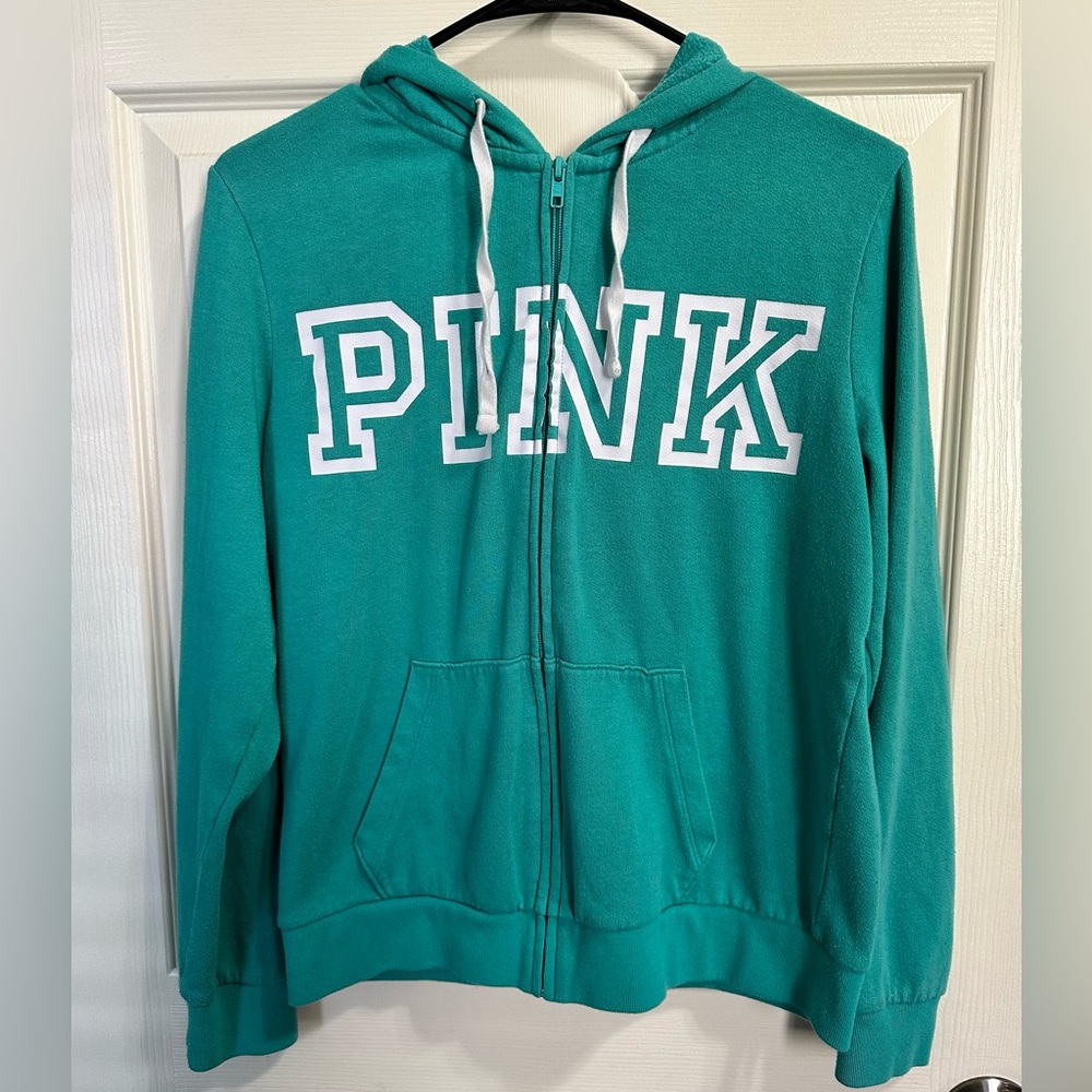 Victorias Secret Teal PINK Full Zip-Up Hoodie Size M